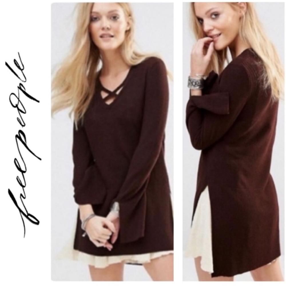 Free People “The Andy” Criss-Cross V-Neck Tunic Sweater | Size M | Burgundy Red